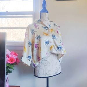 Zara Satin Ivory Monkey Multicolor Print Button Down Oversized Short Sleeve Top